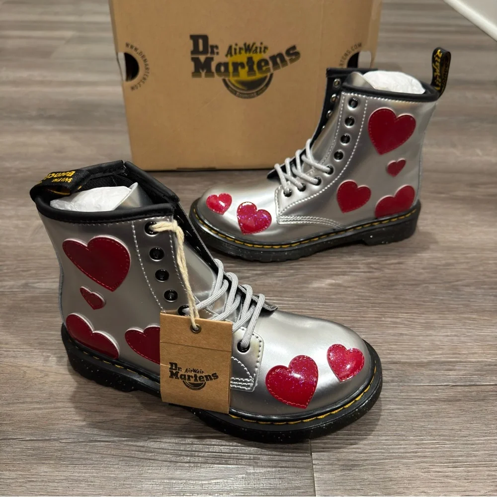 Dr Martens 1460 J Silver Metallic Bright Red Patent Lamper Cosmic Glitter Boots